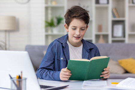 Concentrated teenage boy sitting in his room reading his favorite book, doing homework, concept of...