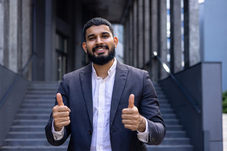 Portrait of young successful Muslim man businessman, lawyer standing near court building in suit,...