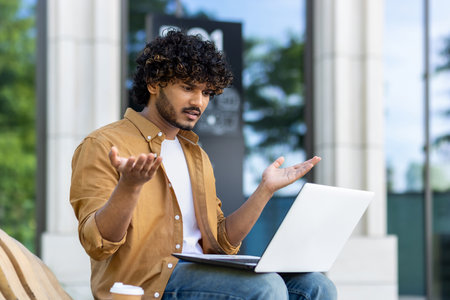 An upset young Indian man sits on a bench on the street and looks disappointedly at the screen of the laptop he is holding on his lap, spreads his hands worriedly.の写真素材