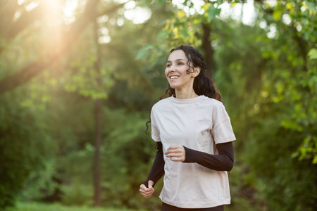 Young beautiful woman running in the evening in the park, hispanic woman with curly hair smiling...