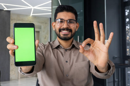 Close-up portrait of a young Indian man standing in the office in front of the camera, smiling and...