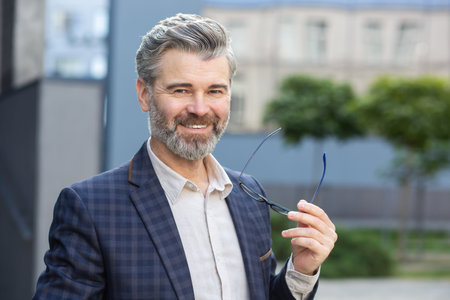 Portrait of a smiling senior businessman with a grey beard, holding glasses, outside an office building, looking confident.の写真素材