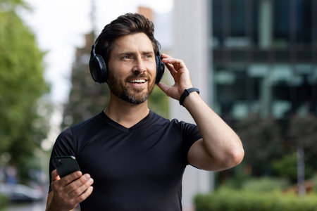 Close-up photo of a young athletic man standing on a city street wearing headphones, holding a phone...