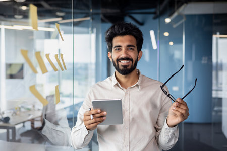 Confident young Indian entrepreneur smiling while holding a tablet and eyeglasses in a contemporary office setting.の写真素材