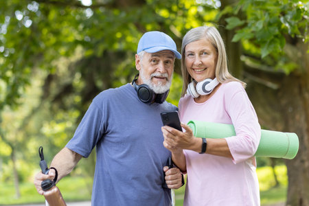 Active senior man and woman with exercise equipment smile in nature, displaying healthy lifestyle...