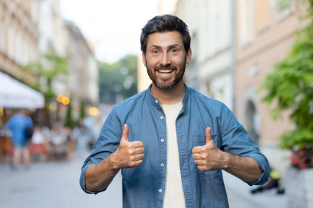 Smiling adult male with a beard giving thumbs up sign as he enjoys ,a walk in the city at twilight a...