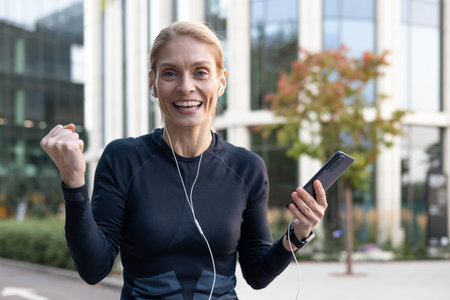 An active young woman pumps her fist in the air in a sign of success or achievement outdoors while...