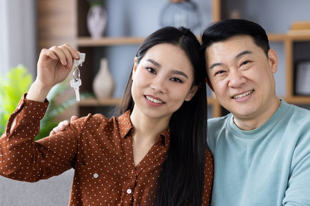 Smiling Asian couple showcasing a house key, representing new homeownership and happiness in their cozy home environment.の写真素材