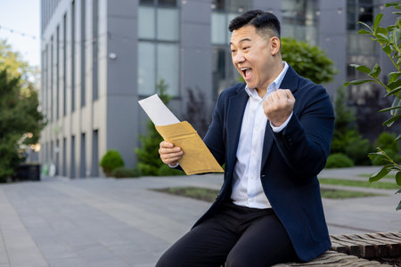 Joyous man in business attire receiving great news from a letter, showing an emotional victory...