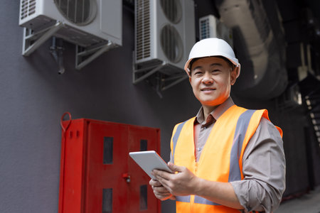 Confident Asian engineer in hard hat and reflective vest smiles while holding a digital tablet,...