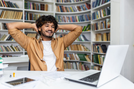 Positive hispanic guy leaning on back of chair while holding hands behind head and looking at laptop...