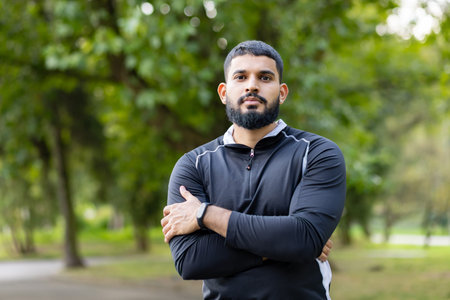 A confident male stands with arms crossed against a lush park backdrop, exuding strength, and...