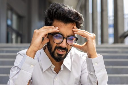 A close-up photo of a young Indian male office worker sitting outside a building on the steps and...