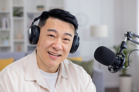 Friendly Asian man wearing headphones in a home environment, engaging in a video call with a positive expression, looking into the camera.の写真素材