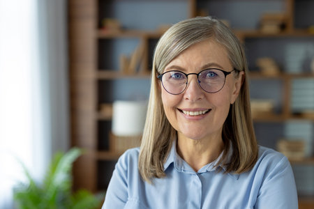 Portrait of a smiling senior woman with glasses, wearing a blue blouse, set in a modern office...