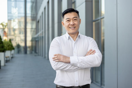 Portrait of a smiling and successful young businessman, office worker in a white shirt standing outside on the street, crossing his arms on his chest and looking confidently at the camera.の写真素材