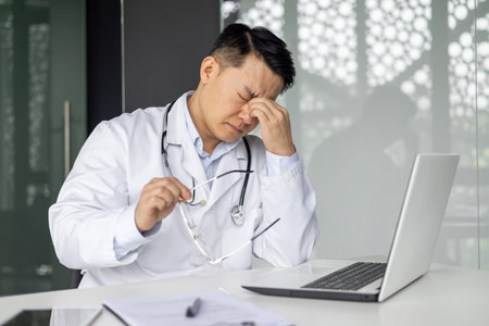 Asian mature doctor looking stressed while sitting at desk with laptop and holding glasses, conveying stress and fatigue.の写真素材