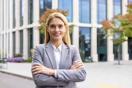 Portrait of confident businesswoman standing with arms crossed outdoors. Female professional in suit...