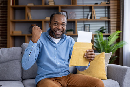 Excited man sitting on couch opening mail envelope. Celebrating success or good news in home...