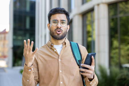 Hispanic student standing in front of modern building holding phone looking confused expressing...