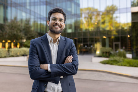 Confident young businessman standing outside office building with arms crossed and smiling....