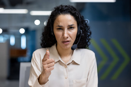 Upset office worker wearing headset pointing at camera during video call in modern office...