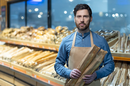 Baker holding fresh baguettes in front of supermarket bread section. Wearing apron, standing in bakery aisle with baked goods in background. Profession, bread, bakery, grocery store concept.の写真素材