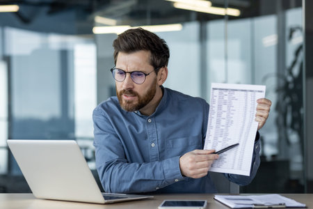 Businessman in virtual meeting showing document and explaining data during online conference....