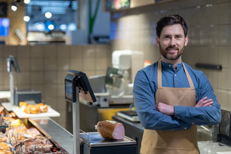 Smiling butcher standing behind counter in butcher shop. Man with arms crossed, wearing blue shirt and apron, surrounded by cured meats and weighing scale.の写真素材