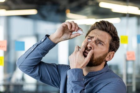 Professional in modern office using eye drops for relief. Man experiencing eye discomfort, taking a...