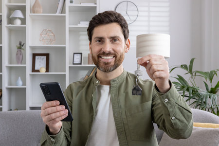 Smiling man holding key to new home, using smartphone indoors. Portrait of happy new homeowner...