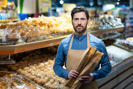 Baker with aprons holds fresh baguettes in bakery shop. Shelves display variety of breads and pastries. Image captures artisanal baking environment, emphasizing quality and dedication.の写真素材