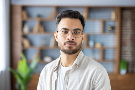 Close-up portrait of a young Indian man wearing glasses and a light-colored shirt sitting on the...