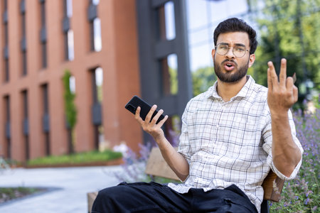 Portrait of a young Indian man who is upset sitting on a bench, holding a mobile phone in his hand,...