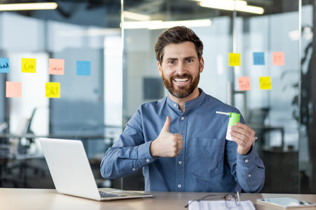 Portrait of a young smiling man sitting in the office at a desk, holding a medical spray with...