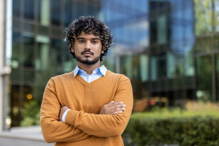 Confident Indian businessman standing with arms crossed in front of modern office building. Man...