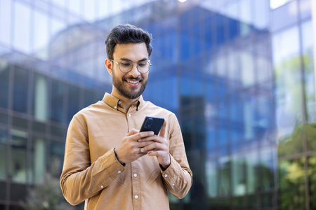 Young man smiling while using smartphone outside modern glass office building, symbolizing urban...