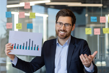 Professional businessman confidently presenting data analysis using colorful bar graph. Engaging smile and welcoming gesture create positive business environment.の写真素材