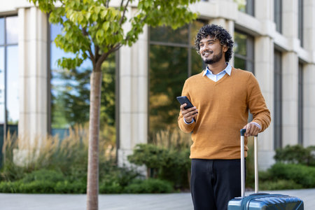 Smiling professional with smartphone next to suitcase outside office building. Confident individual enjoying moment, ready for business travel or meeting.の写真素材