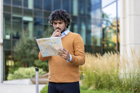Thoughtful man looking at city map while standing outdoors during sunny day. Appears focused on planning and navigation. Casual attire enhances relaxed setting.の写真素材