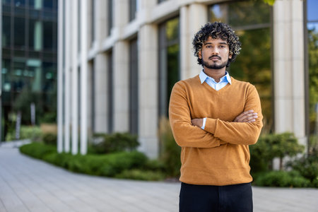 Confident businessman stands outside modern building with arms crossed, embodying success and determination. Image conveys professional confidence, leadership, and urban lifestyle.の写真素材