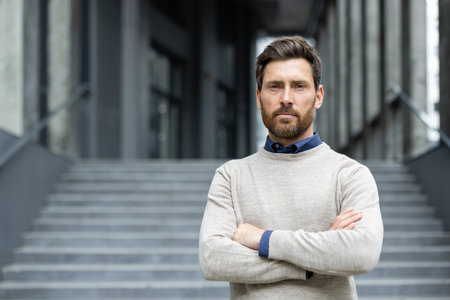 Confident businessman with beard stands with arms crossed, exuding strength and determination. Professional attire emphasizes leadership qualities.の写真素材