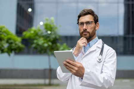 Male doctor in white coat holding tablet, standing outdoors. Serious expression with hand on chin, conveying professionalism and focus. Modern healthcare professional using technologyの写真素材