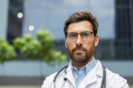 Confident male doctor with stethoscope and glasses standing outside. Represents professionalism, expertise, and trust in healthcare. Ideal for medical, healthcare, and professional themes.の写真素材