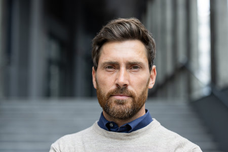 Close-up of confident businessman with serious expression, standing outside an office building. Professional attire and determined look convey leadership, success, and focus.の写真素材