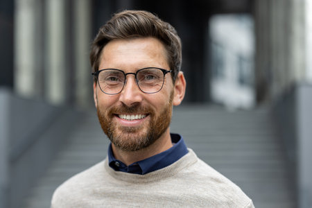 Portrait of confident man with glasses smiling warmly, conveying approachability and professionalism. Wearing stylish sweater, he stands in urban environment, suggesting success and positivity in business or teaching professions.の写真素材