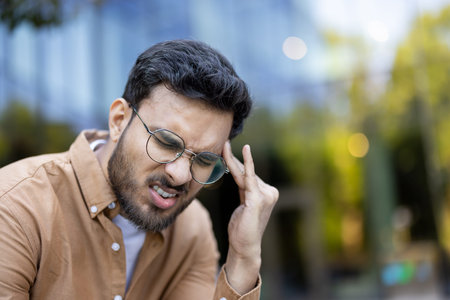 Man in glasses holding head looking stressed and frustrated outdoors. Expresses discomfort, tension,...