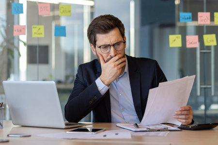 Focused businessman reviewing financial documents in office with laptop and smartphone, considering...