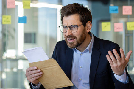 Businessman in glasses expressing confusion while reading letter in office. Represents stress, surprise, uncertainty in workplace. Ideal for concepts of communication, reaction, challengeの写真素材