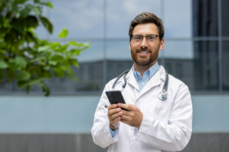 Smiling doctor with stethoscope and glasses using smartphone outside hospital, highlighting modern healthcare, technology, communication, and professionalism.の写真素材